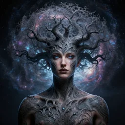 a wlop 3 d render of very very very very highly detailed beautiful mystic portrait of a phantom tree with whirling galaxy around, tattoos by anton pieck, intricate, extremely detailed, digital painting, artstation, concept art, smooth, sharp focus, illustration, intimidating lighting, incredible art,