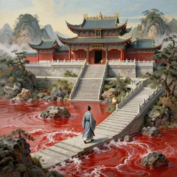a gorgeous landscape painting by barlowe wayne maxfield parrish and marco mazzoni. chinese temple. a lonely chinese taoist god in grey blue long gown walks on the winding steps. ultra clear detailed. 3 d, octane render. turbulent blood lake.