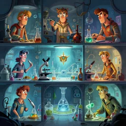 photo cartoon illustration comics manga painting of laboratoryenvironement : 6 fantasy environement, digital painting, unreal engine, 8 k, volumetric lighting, contrast by john kirby by carl warner and jim woodring, trending on artstation