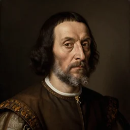 a highly detailed renaissance portrait of a very old, black haired haired, square faced, and tan skinned nobleman by Leonardo da Vinci