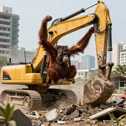 orangutan driving a digger destroying city houses, photograph, 8k, award winning n 9