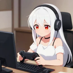 white haired red eyed young cute girl playing game and streaming online kyoto animation style