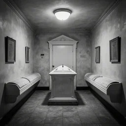 well-detailed Liminal Space interior of a morgue, monochromatism hyper-realistic