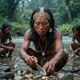 high qulity realistic face, portait of asian prehistoric people, asemble at the river bank, make stone adze from pebble at the river bank in the rainforest, hyper - realistic, highly detailed, 8 k, cinematic lighting, global illumination, elegant, ornate, super detail, the light is dim, and the colours are muted. kodak etkar 1 0 0