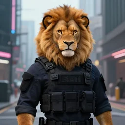 beautiful furry art portrait commission of a male furry anthro lion fursona swat team wearing a tactical swat uniform in the streets of a cyberpunk city at night in the snow. neon signs. character design by charlie bowater, ross tran, artgerm, and makoto shinkai, detailed, inked, western comic book art