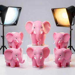 collection of kitsch pink toy elephants : : action figure, sofubi : : studio lighting, colored gels, colored background : : kodak portra 5 0 0, wetplate, flashlight, muted colours, 2 0 0 mm lens