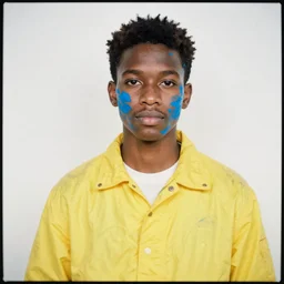 young black man covered in blue paint wearing a bright yellow jacket on white background, grainy film photograph, slightly overexposed