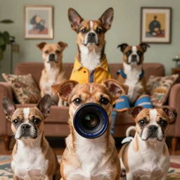 closeup portrait of little dogs with bazooka retro living room of dog family, depth of field, zeiss lens, detailed, centered, fashion photoshoot, by nicoletta ceccoli, mark ryden, lostfish, breathtaking, 8 k resolution, extremely detailed, beautiful, establishing shot, artistic, hyperrealistic, octane render,