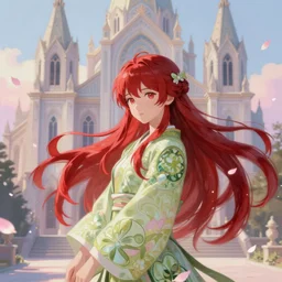 breathtaking detailed soft painting of a samurai queen with long flowing red hair, anime style, pastel flower petals flying, at dawn in front of a pristine art nouveau cathedral, elegant, volumetric lighting, highly detailed, artstation, concept art, matte, sharp focus, art by pilyeon, matcha art and Alfons Mucha