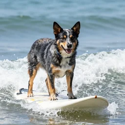 blue heeler dog on a surfboard 8 k photograph