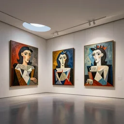 interior futuristic art gallery wide angle highly detailed by santiago calatrava, three wall hanging paintings famous pieces by picaso!, captivating 8 k hdr, octane render godrays hyperrealism