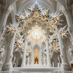 a hyperrealistic 3 d render of a huge sprawling fractal cathedral interior populated by mandelbrot fractals by android jones, unreal engine, carved soap, white color scheme, volumetric lighting, octane render, dramatic lighting, glowing, carved marble, opalescent, carved wood, sacred geometry, religious, angelic, catholicpunk, stark, 8 k, ultra detailed