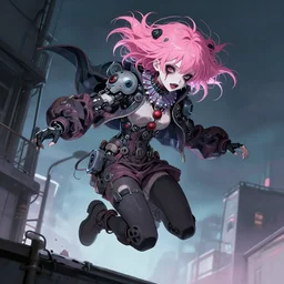 by kyoto animation, very creepy clown girl ghost in the shell pink hair jump from a building, tears from the eyes, wearing cyberpunk intricate streetwear, beautiful, detailed portrait, intricate complexity, ilya kuvshinov, cell shaded, 4 k, concept art, by wlop, ilya kuvshinov, greg rutkowski, sharp focus, volumetric lighting, cinematic lighting