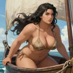 A thick beautiful female warrior posing on a boat, bikini, beautiful face, close-up, fantasy woman, fantasy art, in the style of greg rutkowski, illustration, epic, fantasy, intricate, hyper detailed, artstation, concept art, smooth, sharp focus, ray tracing, profile shot