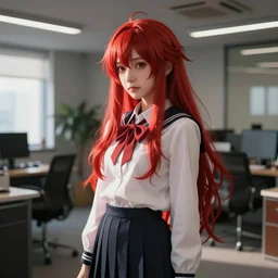 magical and mystical, illustrious makinami, school girl with red hair waiting on a modern office, octane render, rembrandt, cgsociety, artstation trending, highly detailded