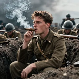 jay baruchel smoking cigar, as world war 1 soldier in the trenches, cinematic lighting, high contrast, 4 k hdr imax cinematography by roger deakins, award winning shot, beautiful composition, principal photography, vfx action shot