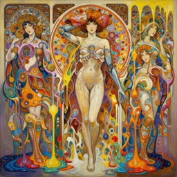 an hiper intricate oil painting of a beautifull android woman surounded by melting colorfull wax drips, colorfull, excelent composition, wide shot, by yoshitaka amano, by ellen jewett, by greg rutkowski, by alphonse mucha by jeremyg lipkinng, by rhads, by ross tran, artstation, octane render