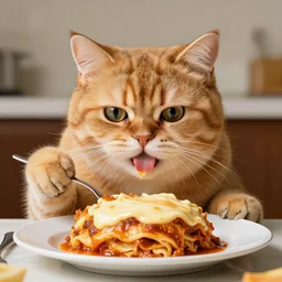 A portrait of Garfield the cat eating Lasagne