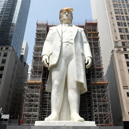 a gigantic 500 foot tall white marble statue of president Donald trump surrounded in scaffolding in downtown NYC