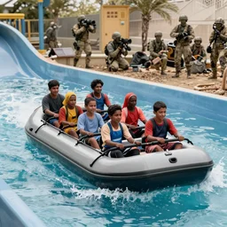 a group of refugees on a raft, water ride amusement park, war photography