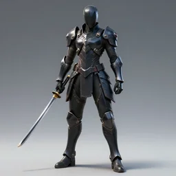 a dark figure posing holding a katana wearing futuristic armor, full body, intricate details, Trending on artstation