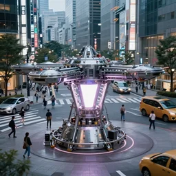 teleportation machine in a city, with people and cars around it, the machine itself is a large metal contraption with a bright light in the center by koson ohara