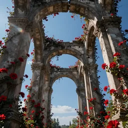 broken arches leading to the pillars of eternity draped with red flowers and vines, blue sky, lens flare, a sense of mystery, cinematic, ultra detailed, intricate, sharp focus, by Noah Bradley trending on ArtStation, deviantart