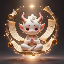 a tiny cute demon floating while meditating and wrapped in sacred scrolls, smooth, intricate, elegant, digital painting, artstation, power runes, pulsing energy, concept art, sharp focus, octane render, illustration, art by josan gonzalez and james jean and shintaro kago, overwatch character,