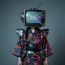 Portrait of a punk goth fashion fractal mecha girl with a television head wearing kimono made of circuits and leds, surreal photography by Man Ray