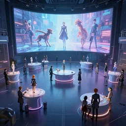 hall construct in cyber space concept, a lot of avatars, tables, large screen, artstation