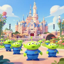 cute weird aliens walking a disney theme park, fantasy, concept art, artstation, disney, pixar, dreamworks, anime, tyler edlin, feng zhu, jparked, thomas karpi