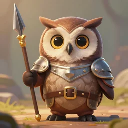 surprised owl creature holding a spear, wearing armor, cute, fantasy art