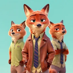 3 d render, portrait, anthropomorphic fox, male, in a brown leather maxi jacket, in the style of zootopia