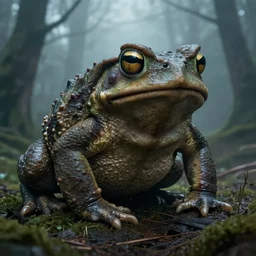 giant evil toads in the forest, toads, foggy, atmospheric, highly detailed, hyperrealistic, gothic horror, by randy vargas