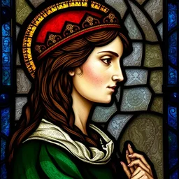 side - view portrait of yennefer of vengerberg, tenth century stained glass window, very masterful