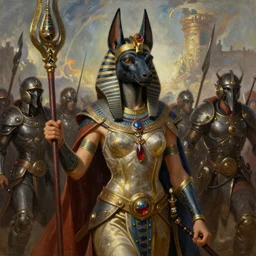 full portrait of a beautiful female Anubis warrior, Mystical Valkyrie, Regal, Realistic, Refined, Detailed Digital Art, Oil Painting, Fantasy medieval battle, William-Adolphe Bouguereau, Art Frahm, Steampunk, Walt Disney (1937), WLOP, Rossdraws, frank frazetta, dynamic lighting, daily deviation, very very very very very beautiful, character illustration by Greg Rutkowski, Thomas Kinkade, trending on artstation, Highly Detailed, Cinematic Lighting, Unreal Engine, 8k, HD