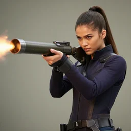 zendaya in combat gear firing mortar launcher