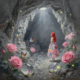 oil painting, gray, pink, contrast, firefly lights, water droplets, underground cave, transparent stones, in the distance redheaded flower girl and dress of living flowers, butterflies of flowers, roses, lilies, jets, overhead light, high quality octane render 4 k, 8 k