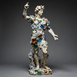 “Dionysus statue made of pieces of glass and plastic bags, detailed but rough, 4k photo, great light and shadows, Sony 17mm”