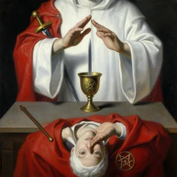 a painting of a white robed magician behind a table, hands gesture as above so below, red mantle cup, sword, pentacle, wand, a surrealist painting by marco mazzoni, peter mohrbacher, nychos, cgsociety, neo - figurative, detailed painting, rococo, oil on canvas, seapunk, biomorphic, lovecraftian