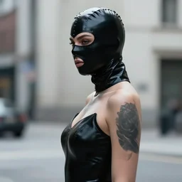 beautiful female body silhouette, beautiful portrait, photography by amy leibowitz and filip fedorov, black latex female balaclava, female calendar, urban city photography, close up portrait, cinematic still, film still, magic hour, dark mood, fashion portrait, cold colors, sony, kodak, long exposure, art noveau painting, abstract liquid marble fluid painting