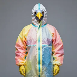 model in plastic bird mask wearing baggy hazmat suit in the style of colorful 9 0 s clothing by frank frazetta.
