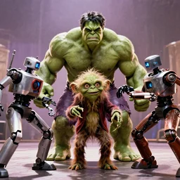 A singular creature mix between Hulk and  Gollum fighting robots, center frame medium shot, shot on technicolor cinemascope 35mm anamorphic lense, flare, still from a movie