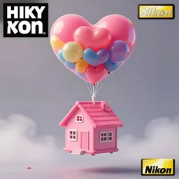 a 5 0 mm lens photograph of a cute pink floating house in the air, held in by heart shaped vibrant ballons, inspired by the movie up. mist, playful composition canon, nikon, award winning, photo of the year
