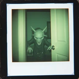 polaroid of a creepy inter - dimensional cryptid monster creature in style of silent hill, ufo archives, peeking into my childhood bedroom door
