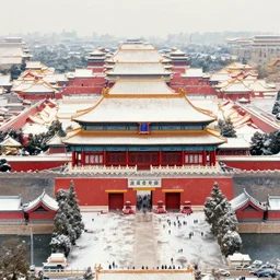 seen from above is the magnificent chinese palace with minor snow ， greg rutkowski and thomas kinkade, trending on artstation