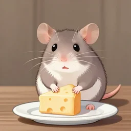 a very cute rat happily holding cheese on a plate