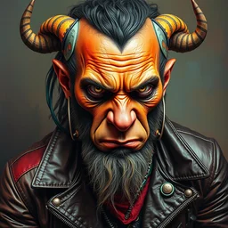 an apocalyptic scifi orcish punk rock biker character posing for a professional photo, psychedelic vibrant colors, highly detailed oil painting by michael whelan art, futuristic punk rock fashion, perfect face, sharp focus, detailed eyes, hyperrrealistic, leather jacket, 8 k cover art