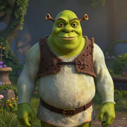 photo of shrek on a garden, dramatic, f / 2. 8, hard lighting