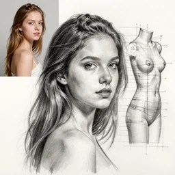 a beautiful hyperrealistic girl portrait and body in pencil from a photo, by Peter Mohrbacher, technical drawing, blueprint diagram, trending on artstation